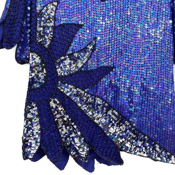 Vintage Stenay Silk Sequin Top V-Neck Short Sleeve Blue Small 80s - Picture 2 of 8